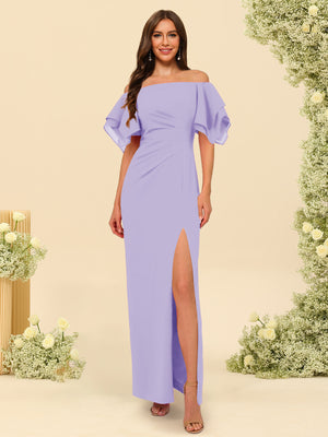 Sheath/Column Off-the-Shoulder Short Sleeves Bridesmaid Dresses with Split Side
