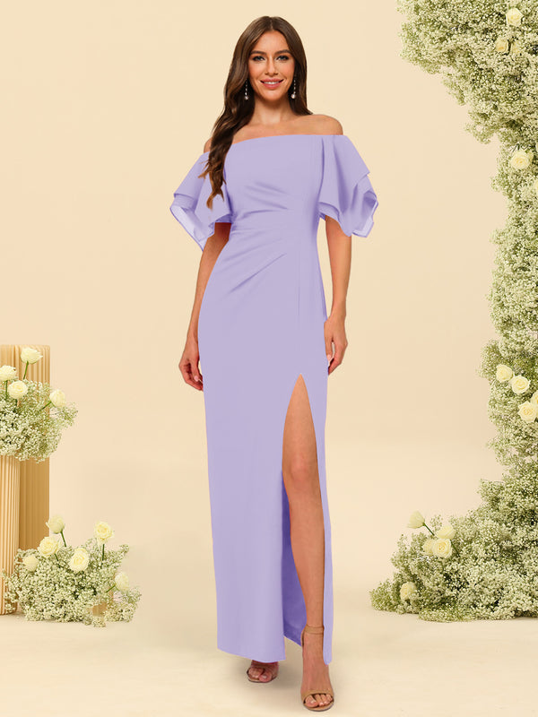 Sheath/Column Off-the-Shoulder Short Sleeves Bridesmaid Dresses with Split Side