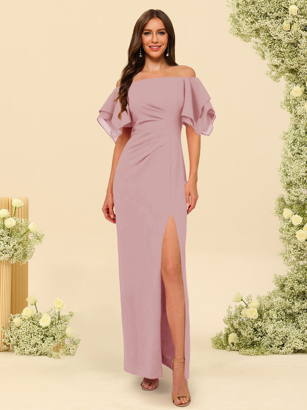 Sheath/Column Off-the-Shoulder Short Sleeves Bridesmaid Dresses with Split Side