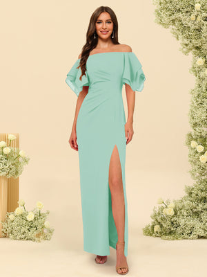 Sheath/Column Off-the-Shoulder Short Sleeves Bridesmaid Dresses with Split Side