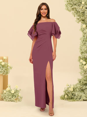 Sheath/Column Off-the-Shoulder Short Sleeves Bridesmaid Dresses with Split Side
