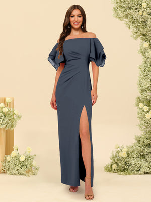 Sheath/Column Off-the-Shoulder Short Sleeves Bridesmaid Dresses with Split Side