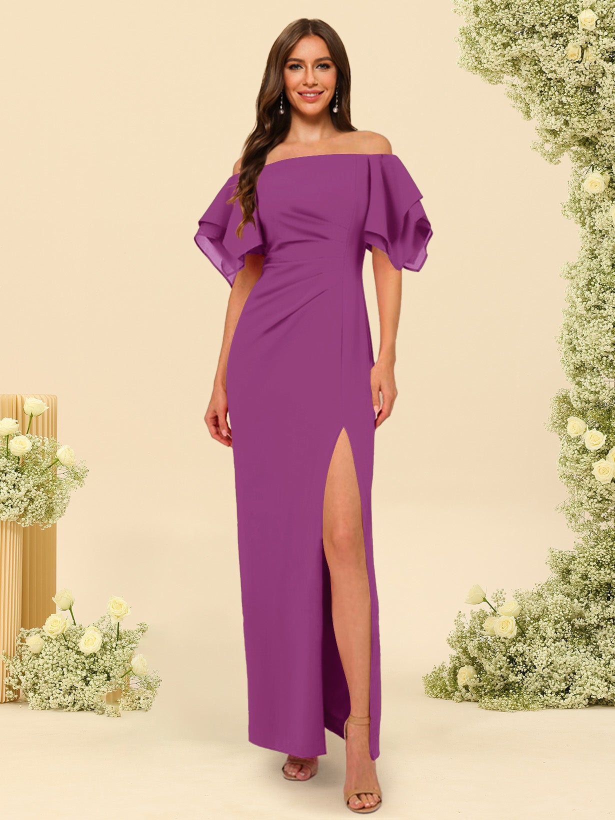 Sheath/Column Off-the-Shoulder Short Sleeves Bridesmaid Dresses with Split Side