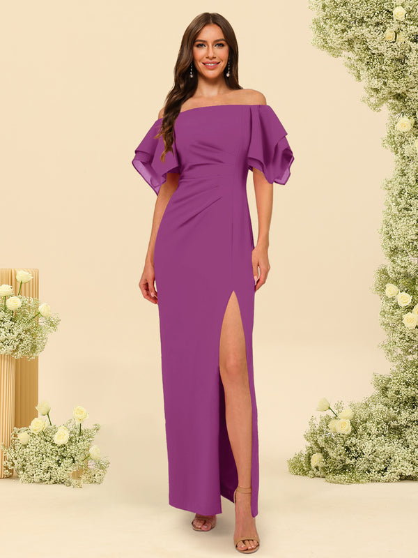 Sheath/Column Off-the-Shoulder Short Sleeves Bridesmaid Dresses with Split Side