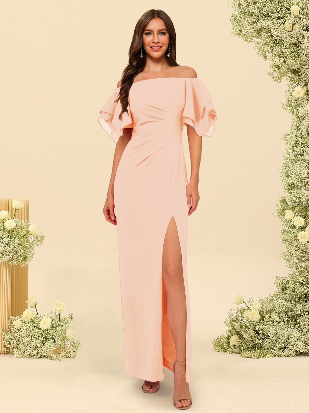 Sheath/Column Off-the-Shoulder Short Sleeves Bridesmaid Dresses with Split Side