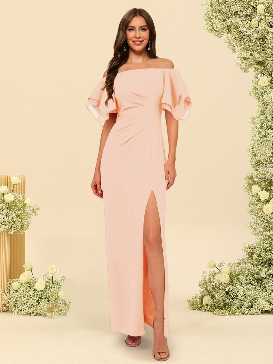 Sheath/Column Off-the-Shoulder Short Sleeves Bridesmaid Dresses with Split Side