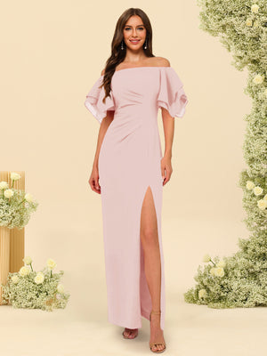 Sheath/Column Off-the-Shoulder Short Sleeves Bridesmaid Dresses with Split Side