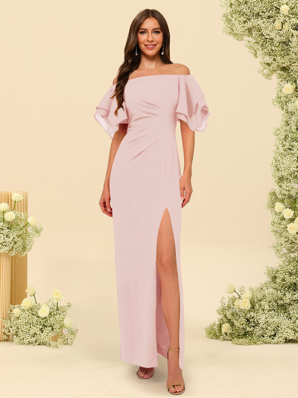Sheath/Column Off-the-Shoulder Short Sleeves Bridesmaid Dresses with Split Side