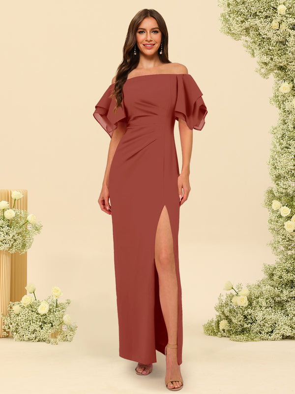 Sheath/Column Off-the-Shoulder Short Sleeves Bridesmaid Dresses with Split Side
