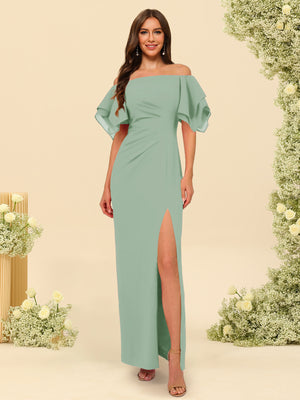 Sheath/Column Off-the-Shoulder Short Sleeves Bridesmaid Dresses with Split Side