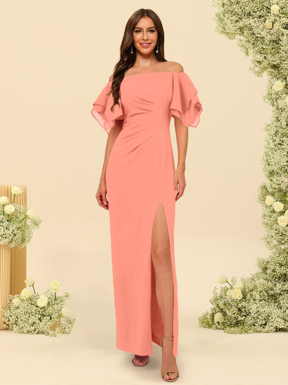 Sheath/Column Off-the-Shoulder Short Sleeves Bridesmaid Dresses with Split Side
