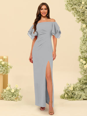 Sheath/Column Off-the-Shoulder Short Sleeves Bridesmaid Dresses with Split Side