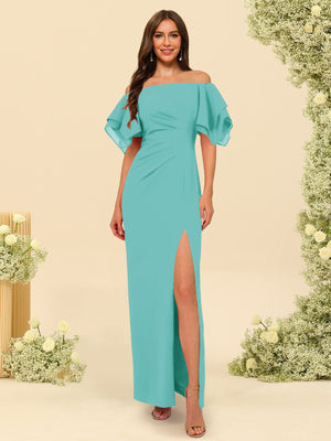 Sheath/Column Off-the-Shoulder Short Sleeves Bridesmaid Dresses with Split Side