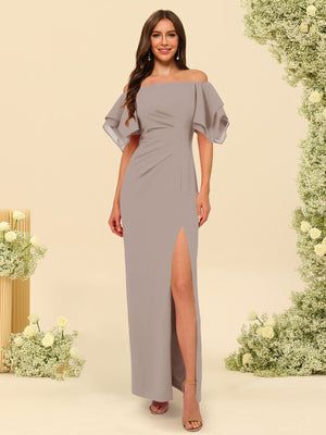 Sheath/Column Off-the-Shoulder Short Sleeves Bridesmaid Dresses with Split Side