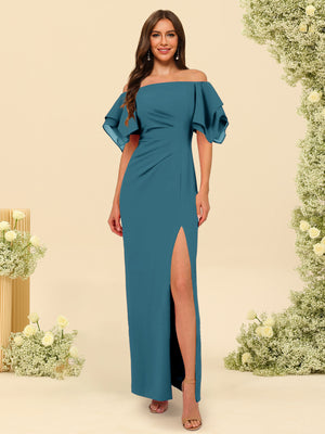 Sheath/Column Off-the-Shoulder Short Sleeves Bridesmaid Dresses with Split Side