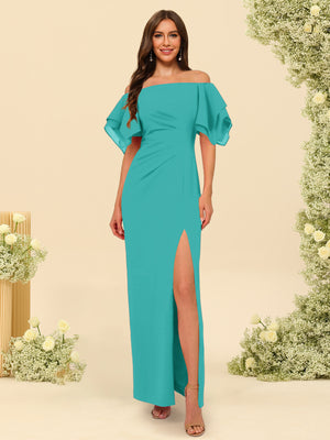 Sheath/Column Off-the-Shoulder Short Sleeves Bridesmaid Dresses with Split Side