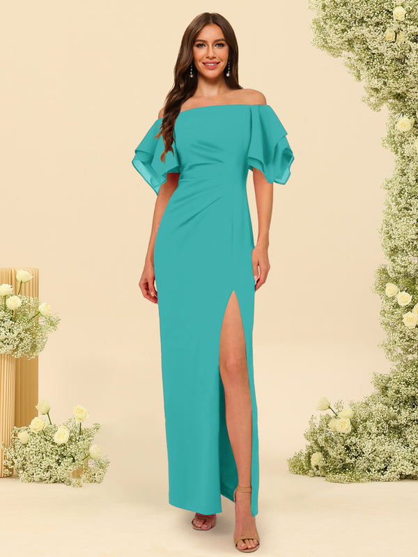 Sheath/Column Off-the-Shoulder Short Sleeves Bridesmaid Dresses with Split Side