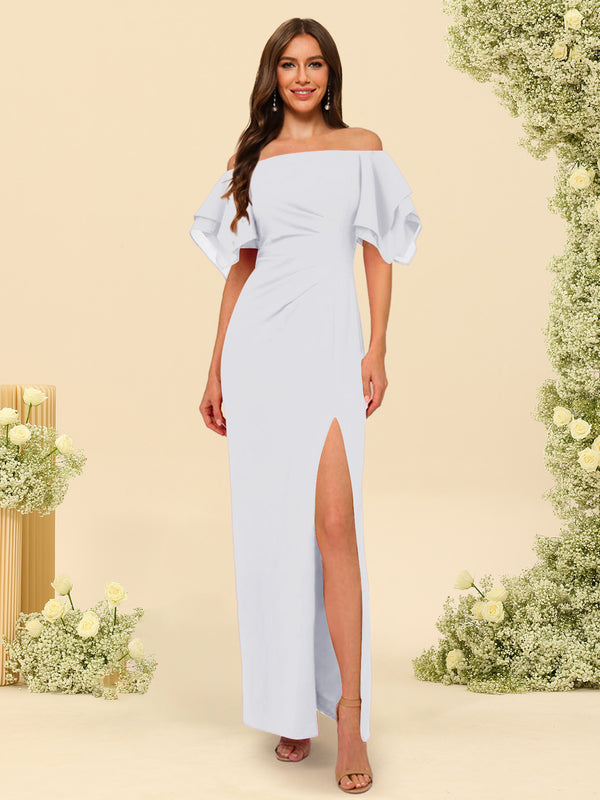 Sheath/Column Off-the-Shoulder Short Sleeves Bridesmaid Dresses with Split Side