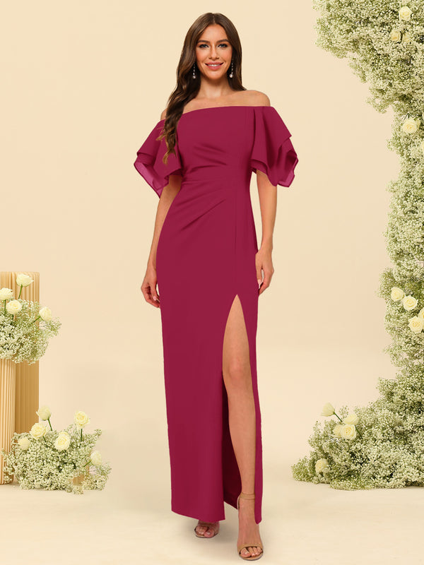 Sheath/Column Off-the-Shoulder Short Sleeves Bridesmaid Dresses with Split Side