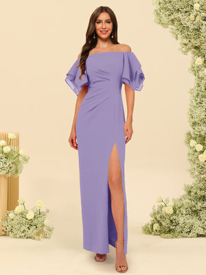 Sheath/Column Off-the-Shoulder Short Sleeves Bridesmaid Dresses with Split Side