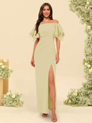 Sheath/Column Off-the-Shoulder Short Sleeves Bridesmaid Dresses with Split Side