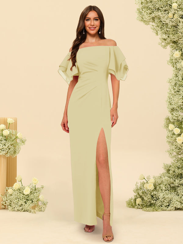 Sheath/Column Off-the-Shoulder Short Sleeves Bridesmaid Dresses with Split Side