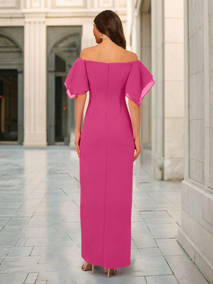Sheath/Column Off-the-Shoulder Short Sleeves Bridesmaid Dresses with Split Side