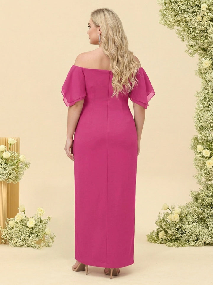 Sheath/Column Off-the-Shoulder Short Sleeves Plus Size Bridesmaid Dresses with Split Side