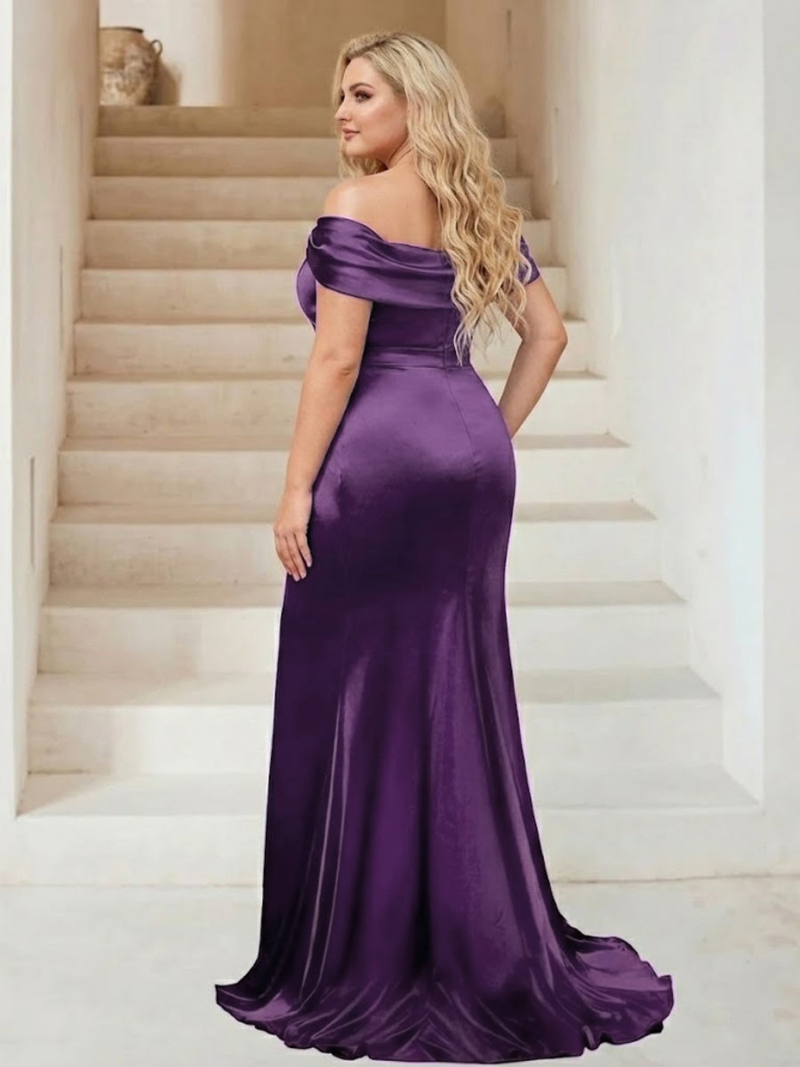 Trumpet/Mermaid Off-the-Shoulder Sweep Train Plus Size Bridesmaid Dresses with Split Side &amp; Ruffles