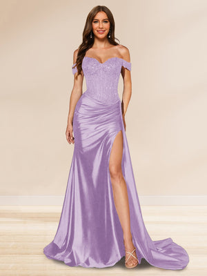 Trumpet/Mermaid Off-the-Shoulder Sweep Train Sequined Evening Dresses with Split Side