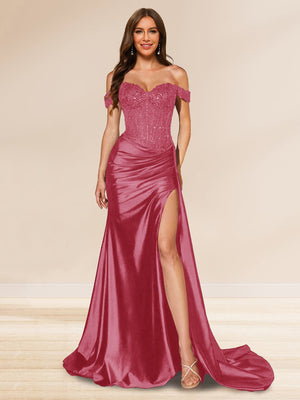 trumpet mermaid off the shoulder sweep train satin prom dress Trumpet/Mermaid Off-the-shoulder Silk-like Satin Sweep Train Ruffles Prom Dresses