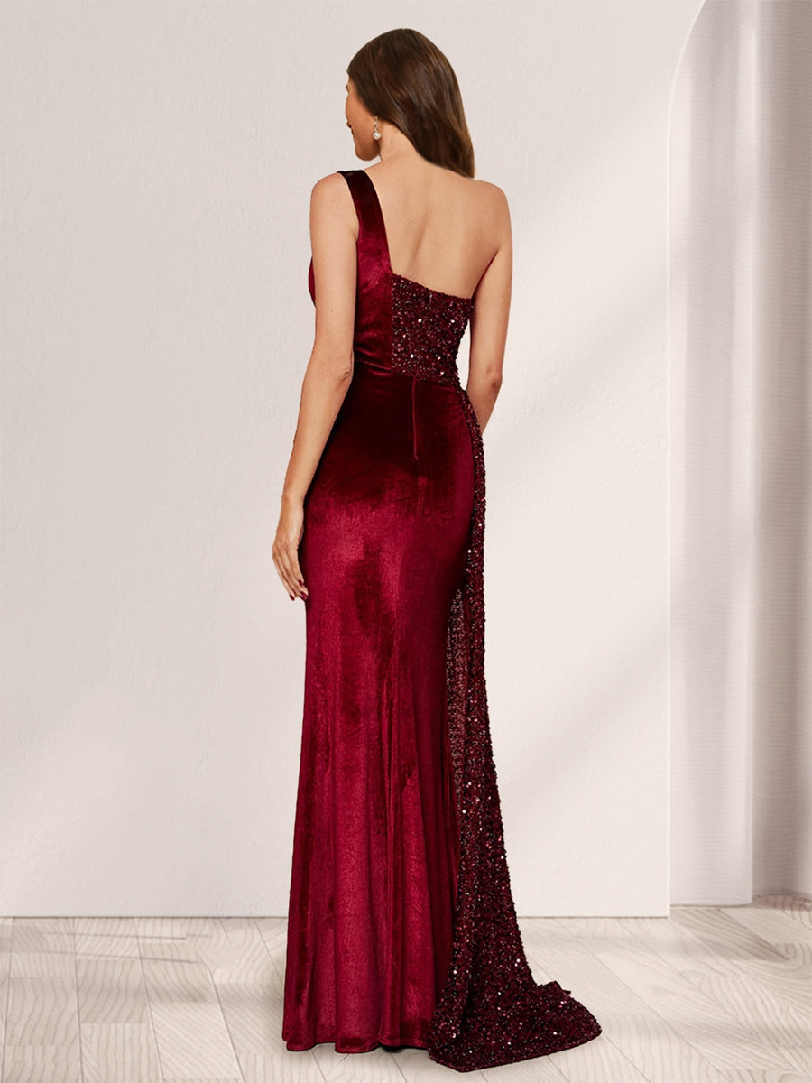 Sheath/Column One-Shoulder Floor-Length Velvet Evening Dresses with Sequins &amp; Split Side