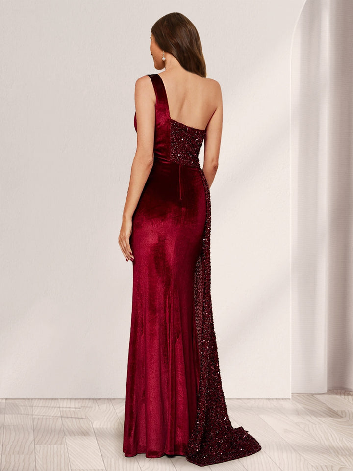 Sheath/Column One-Shoulder Floor-Length Velvet Evening Dresses with Sequins &amp; Split Side
