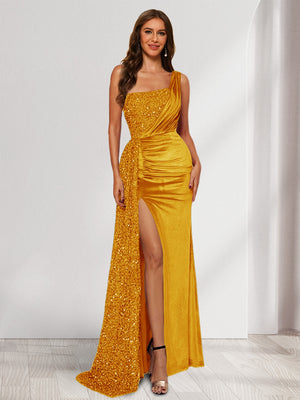 Sheath/Column One-Shoulder Floor-Length Velvet Evening Dresses with Sequins & Split Side