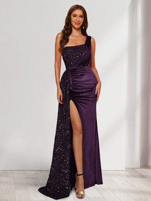Lavetir Gray Sheath/Column One-Shoulder Floor-Length Velvet Evening Dresses with Sequins & Split Side 2026 Lavetir Gray Sheath/Column One-Shoulder Floor-Length Velvet Evening Dresses with Sequins & Split Side 2026
