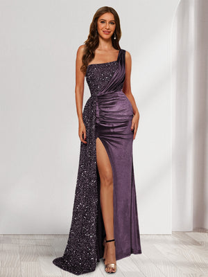 purple one shoulder evening dress A-Line Fuchsia One Shoulder Keyhole Pleated Metallic Prom Dress with Slit, Purple / 0