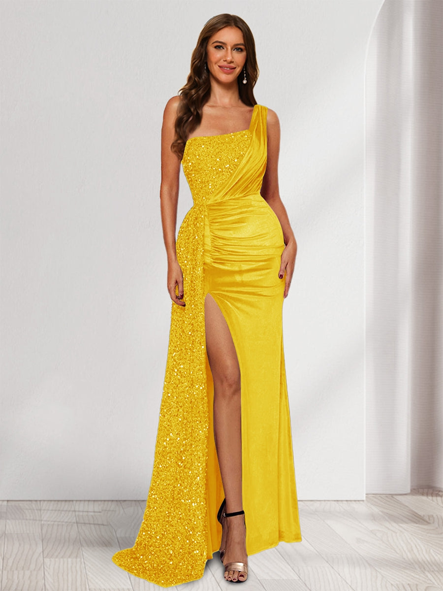 Sheath/Column One-Shoulder Floor-Length Velvet Evening Dresses with Sequins &amp; Split Side