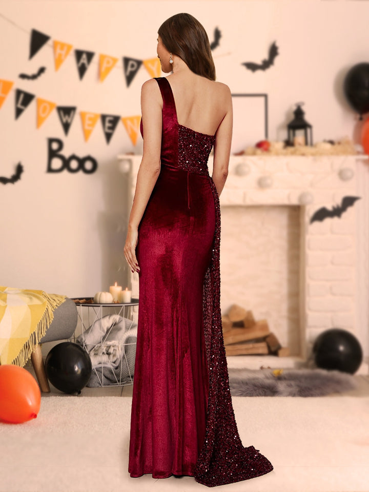 Sheath/Column One-Shoulder Floor-Length Velvet Halloween Dresses with Sequins &amp; Split Side