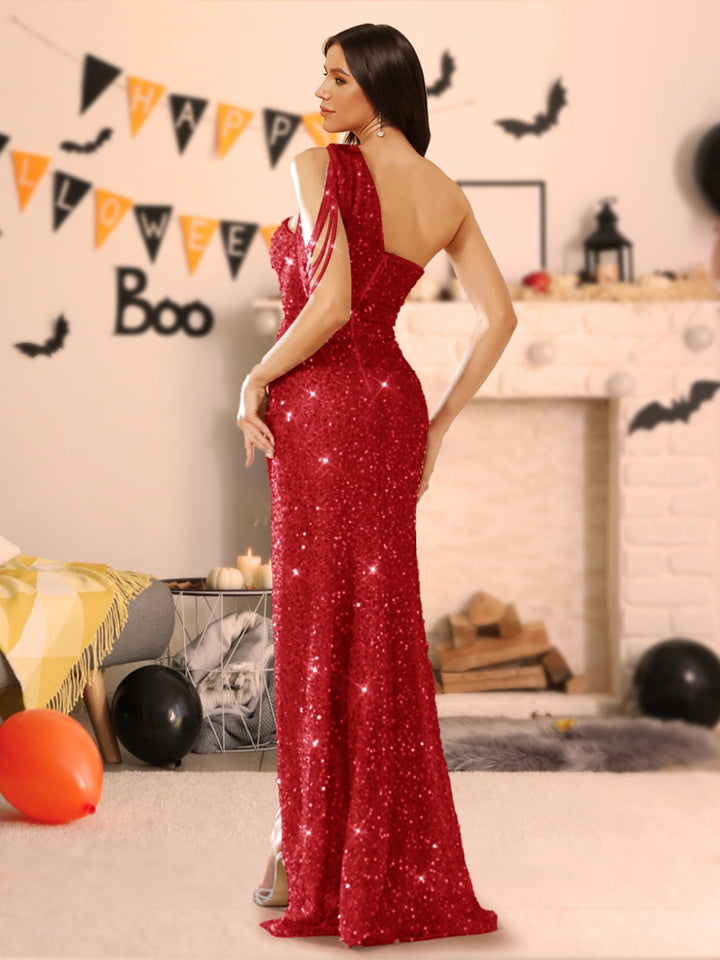 Sheath/Column One-Shoulder Floor-Length Ruched Halloween Dresses with Sequins &amp; Split Side