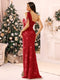 Sheath/Column One-Shoulder Floor-Length Ruched Christmas Dresses with Sequins & Split Side