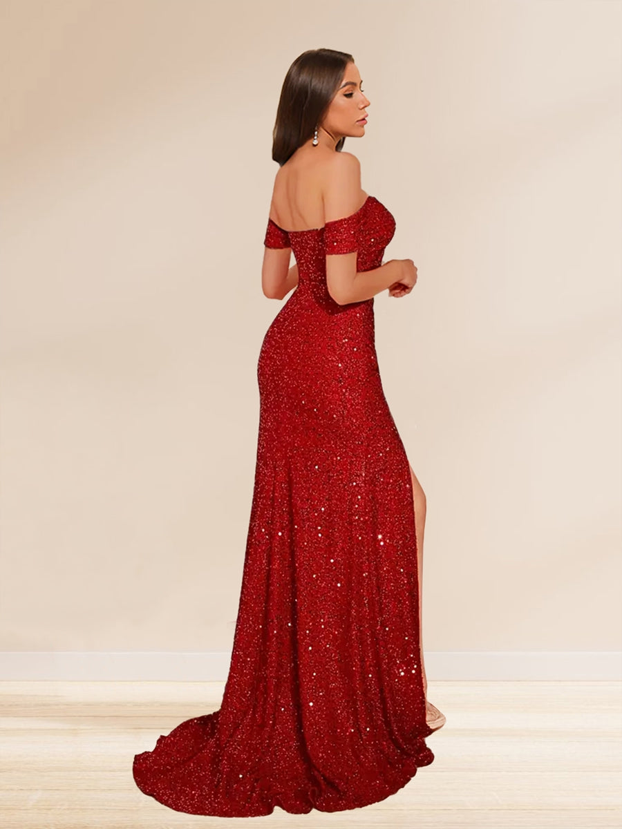 Trumpet/Mermaid Off-the-Shoulder Long Evening Dresses with Sequins &amp; Split Side