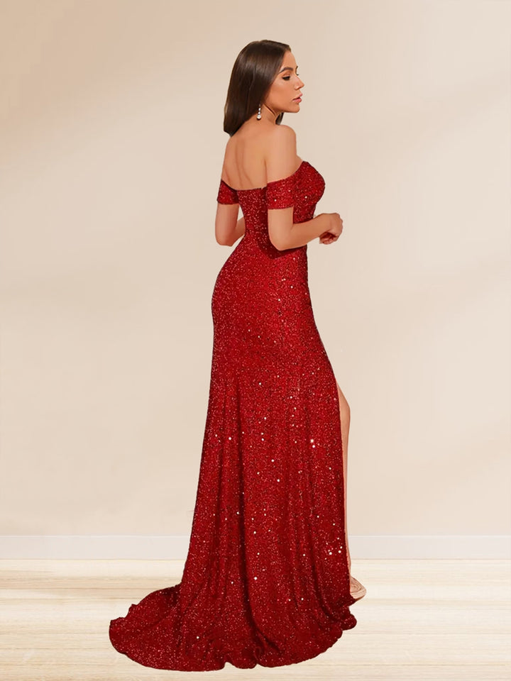 Trumpet/Mermaid Off-the-Shoulder Long Evening Dresses with Sequins &amp; Split Side