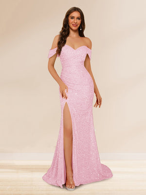 Trumpet/Mermaid Off-the-Shoulder Long Evening Dresses with Sequins & Split Side