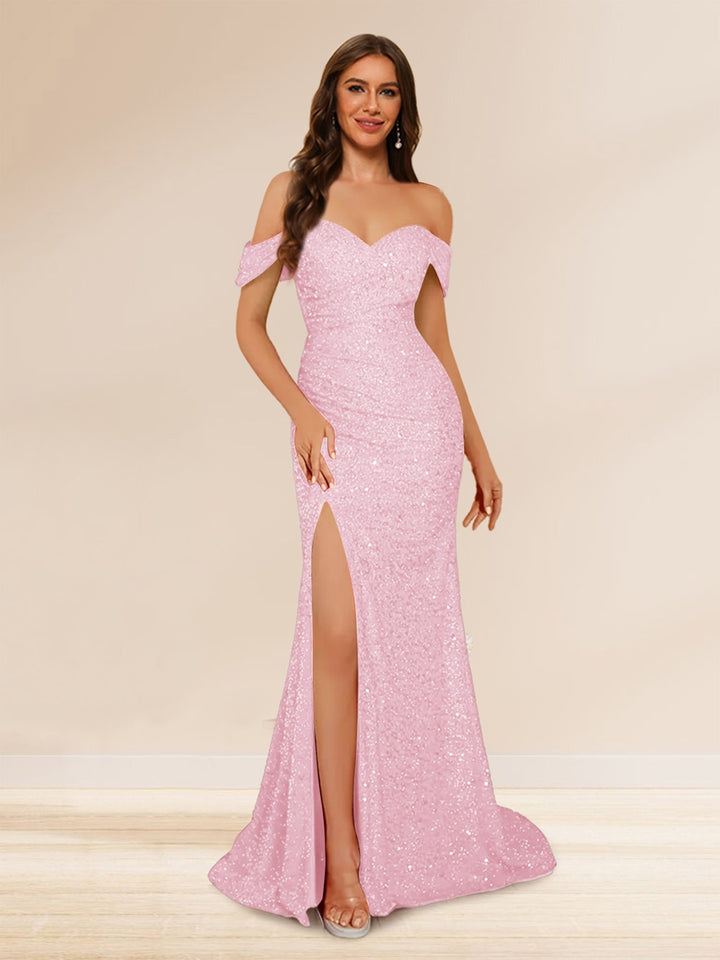 Trumpet/Mermaid Off-the-Shoulder Long Evening Dresses with Sequins &amp; Split Side
