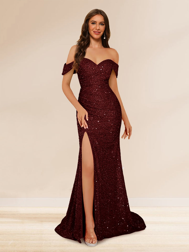 Trumpet/Mermaid Off-the-Shoulder Long Evening Dresses with Sequins &amp; Split Side