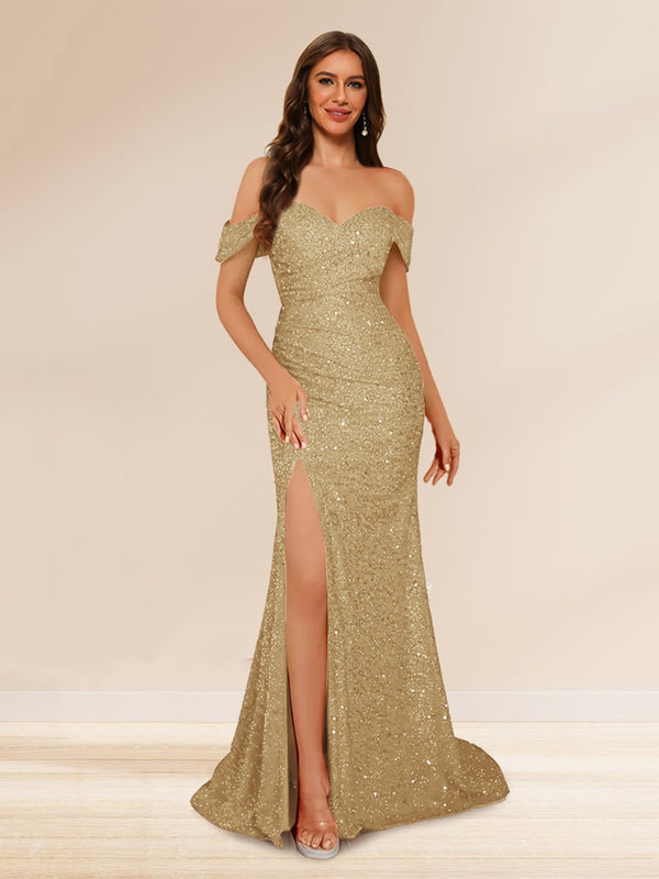 Trumpet/Mermaid Off-the-Shoulder Long Evening Dresses with Sequins & Split Side