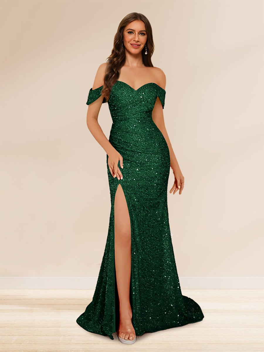 Trumpet/Mermaid Off-the-Shoulder Long Evening Dresses with Sequins &amp; Split Side