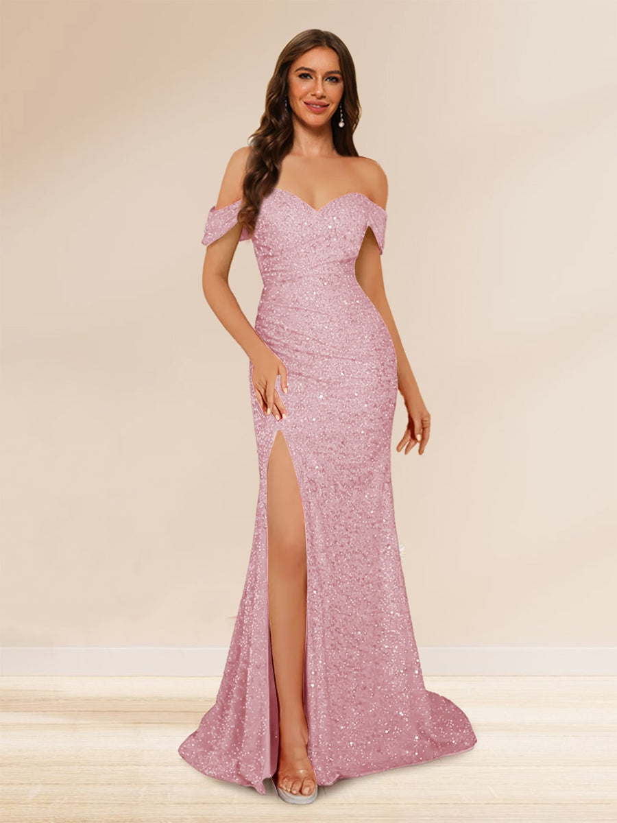 Trumpet/Mermaid Off-the-Shoulder Long Evening Dresses with Sequins &amp; Split Side