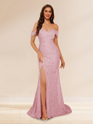 Trumpet/Mermaid Off-the-Shoulder Long Evening Dresses with Sequins & Split Side