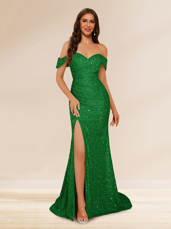 Trumpet/Mermaid Off-the-Shoulder Long Evening Dresses with Sequins &amp; Split Side